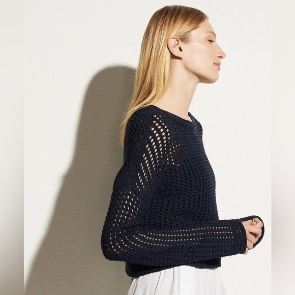 VINCE Crochet Crewneck Cotton Sweater - Navy - Picture 5 of 12